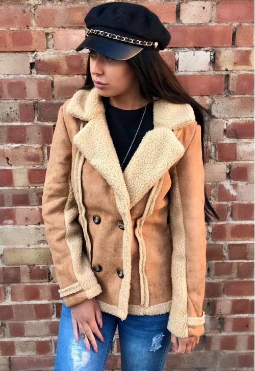 Light Brown Faux Suede and Shearling Jacket / Coat