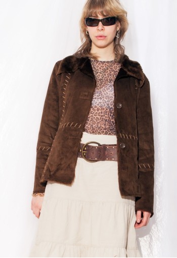 Vintage Shearling Jacket Y2K Faux Suede Coat in Brown