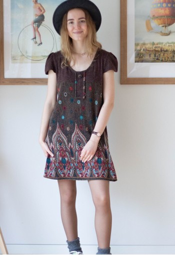 Brown soft short sleeve printed dress