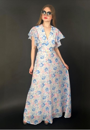 70's Vintage White Blue Floral Fluted Short Sleeve Maxi Dres