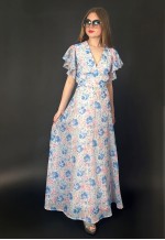 70's Vintage White Blue Floral Fluted Short Sleeve Maxi Dres