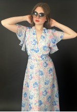70's Vintage White Blue Floral Fluted Short Sleeve Maxi Dres