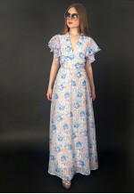 70's Vintage White Blue Floral Fluted Short Sleeve Maxi Dres