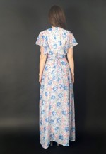 70's Vintage White Blue Floral Fluted Short Sleeve Maxi Dres