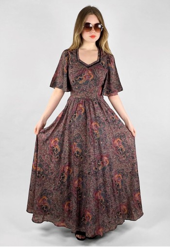 Vera Mont Of Paris 70's Fluted Sleeve Grey Floral Maxi Dres