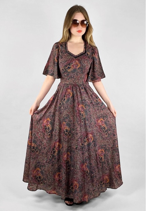 Vera Mont Of Paris 70's Fluted Sleeve Grey Floral Maxi Dres