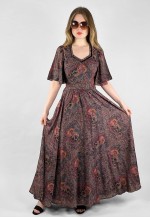 Vera Mont Of Paris 70's Fluted Sleeve Grey Floral Maxi Dres