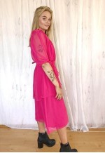 Bright pink chiffon boho prom festival belted dress