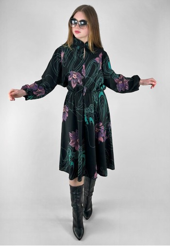 70's Vintage Black Long Sleeve Pie Crust Pussy Bow Dress