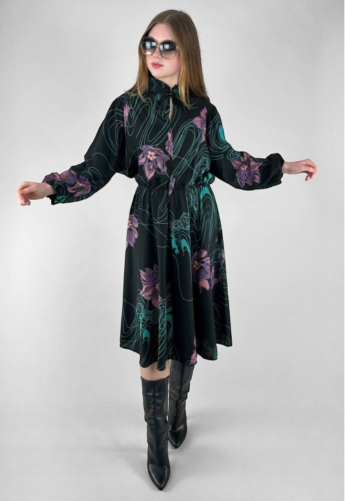 70's Vintage Black Long Sleeve Pie Crust Pussy Bow Dress