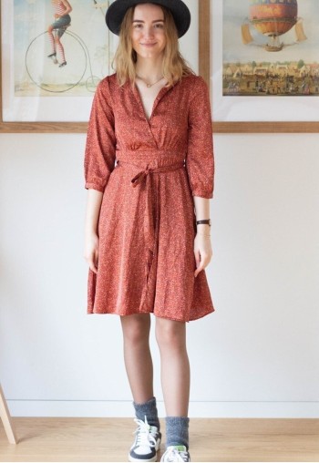 Dark orange printed belted v-neck dress