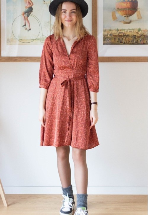 Dark orange printed belted v-neck dress