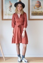 Dark orange printed belted v-neck dress