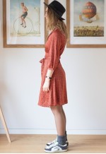 Dark orange printed belted v-neck dress