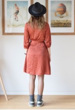 Dark orange printed belted v-neck dress