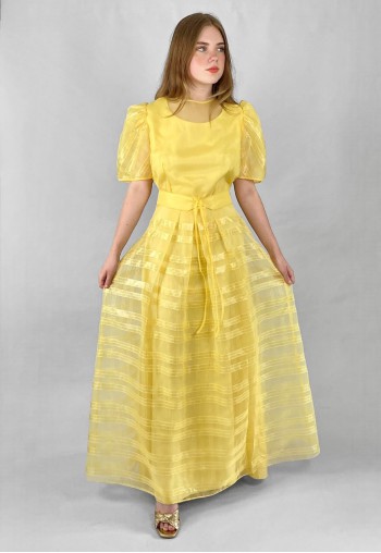70's Vintage Yellow Short Sleeve Sheer Stripe Maxi Dress