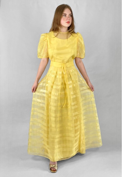 70's Vintage Yellow Short Sleeve Sheer Stripe Maxi Dress