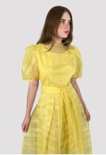 70's Vintage Yellow Short Sleeve Sheer Stripe Maxi Dress