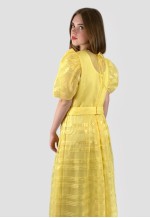 70's Vintage Yellow Short Sleeve Sheer Stripe Maxi Dress