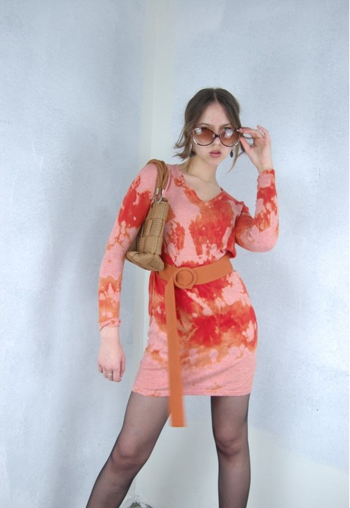 Vintage y2k rave mini tie-dye party glam dress in pink red