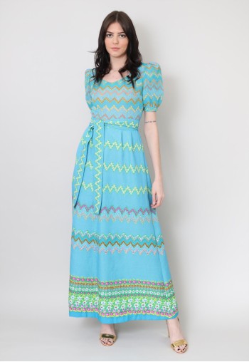 70's Vintage Short Sleeve Maxi Dress Blue Floral Cotton