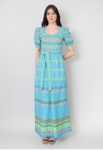 70's Vintage Short Sleeve Maxi Dress Blue Floral Cotton