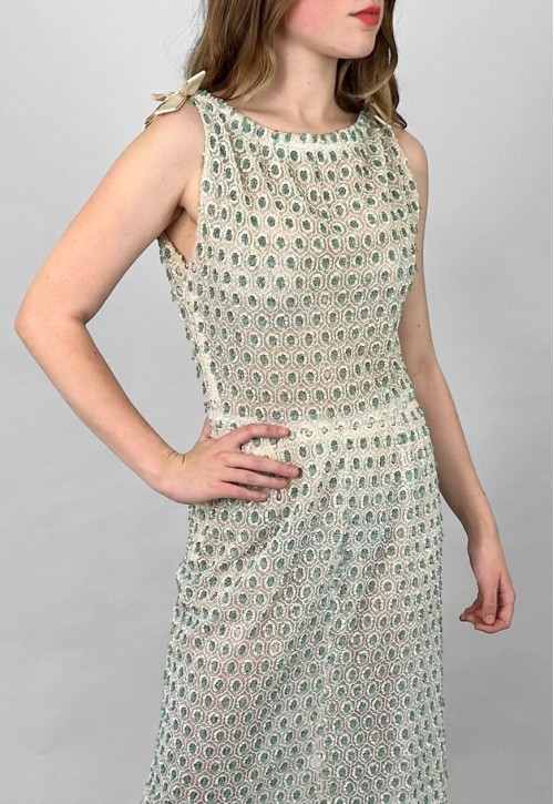 60's Vintage White Blue Sleeveless Beaded Embellished Dress