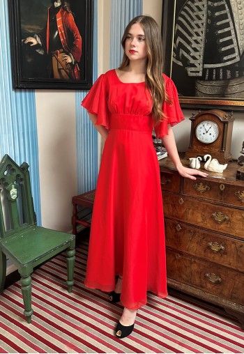 70's Vintage Fluted Short Sleeve Ladies Red Maxi Dress