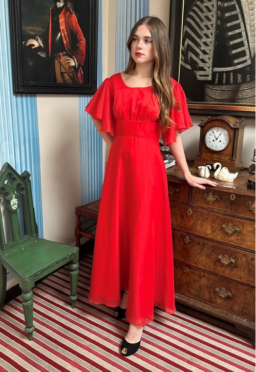 70's Vintage Fluted Short Sleeve Ladies Red Maxi Dress