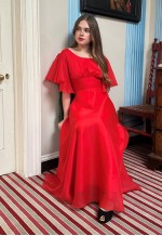 70's Vintage Fluted Short Sleeve Ladies Red Maxi Dress