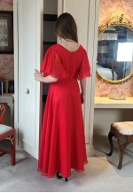 70's Vintage Fluted Short Sleeve Ladies Red Maxi Dress