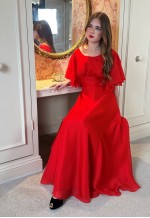 70's Vintage Fluted Short Sleeve Ladies Red Maxi Dress