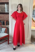 70's Vintage Fluted Short Sleeve Ladies Red Maxi Dress