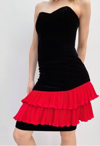 80's Vintage Black Velvet Pencil Dress With Red Ruffles