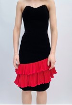 80's Vintage Black Velvet Pencil Dress With Red Ruffles