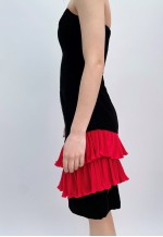 80's Vintage Black Velvet Pencil Dress With Red Ruffles