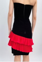80's Vintage Black Velvet Pencil Dress With Red Ruffles