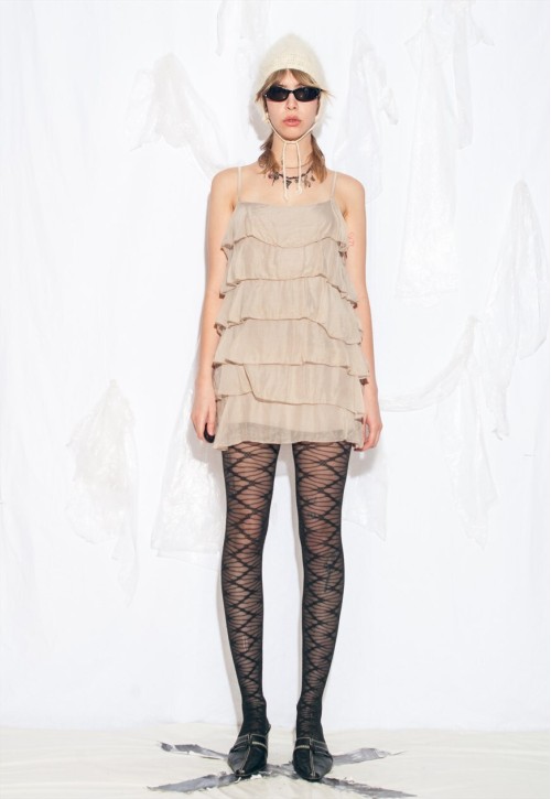Vintage Y2K Frilly Silk Mini Dress in Beige