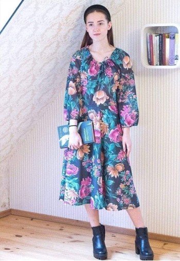 Dark grey vintage dress with bright flowers