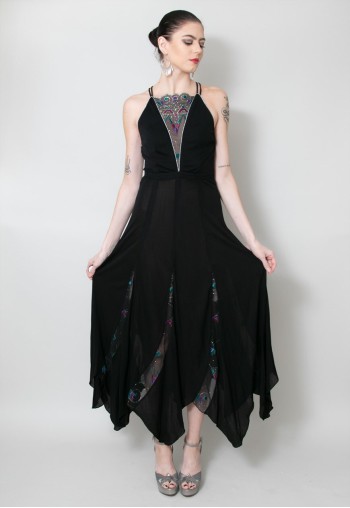 70's Black Maxi Dress with Sheer Panelling Studio 54 Evening