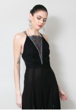 70's Black Maxi Dress with Sheer Panelling Studio 54 Evening