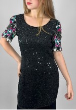 80's Vintage Black Sequin Short Sleeve Fringed Dress