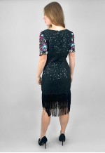 80's Vintage Black Sequin Short Sleeve Fringed Dress