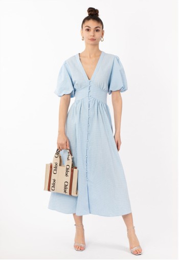 Checked print Cotton Blend Puff sleeves midi dress in blue