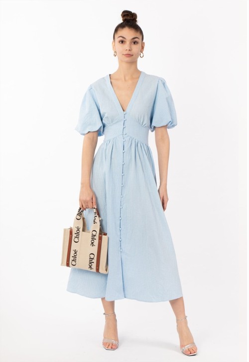 Checked print Cotton Blend Puff sleeves midi dress in blue