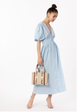 Checked print Cotton Blend Puff sleeves midi dress in blue