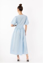 Checked print Cotton Blend Puff sleeves midi dress in blue