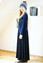 Dark blue maxi suede velour ribbed vintage dress
