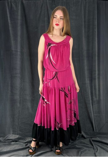 70's Vintage Slinky Pink Black Floral Prairie Midi Dress