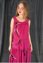 70's Vintage Slinky Pink Black Floral Prairie Midi Dress
